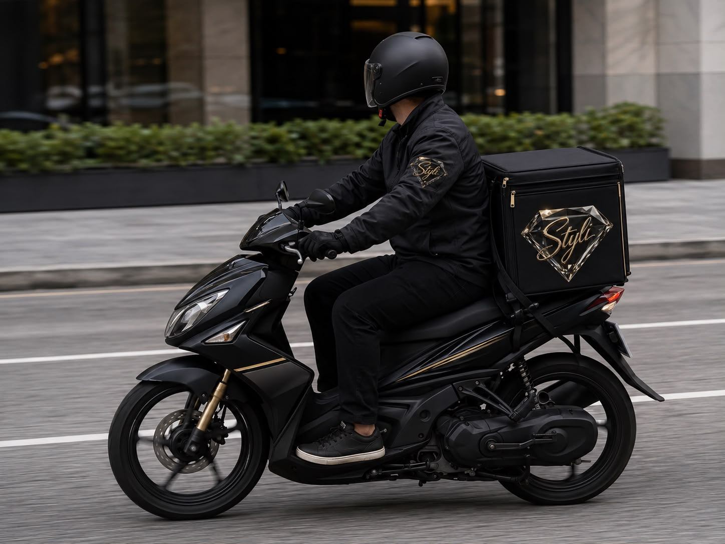 Styli professional on a branded delivery scooter, bringing home beauty and grooming services to your door