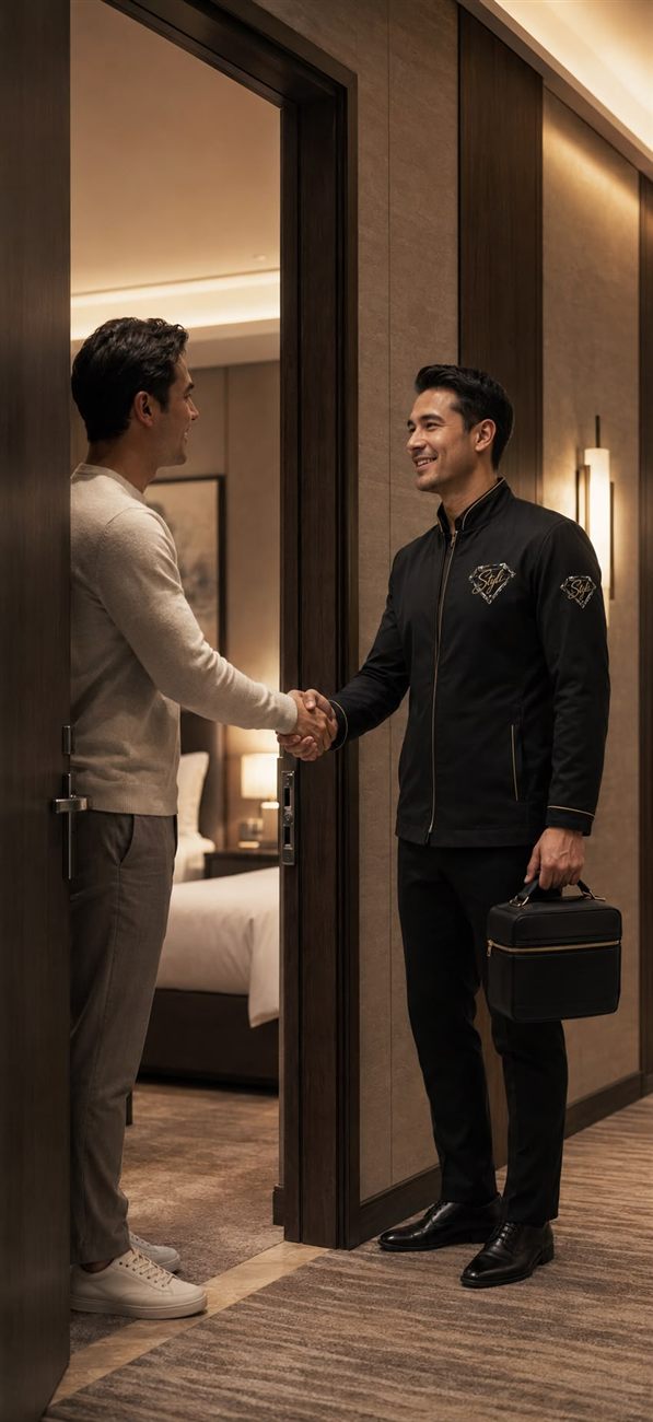 Styli professional greeting a client at their hotel room door